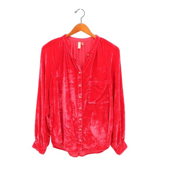 Anthropologie Pilcro Puff-Sleeved Red Velvet Buttondown Shirt Top L - Picture 3 of 6